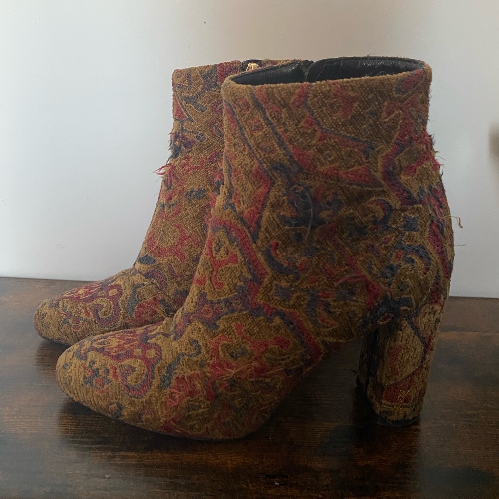 Saint Laurent Monogram Loulou Brown Tapestry Block Heel Ankle Boots/Booties